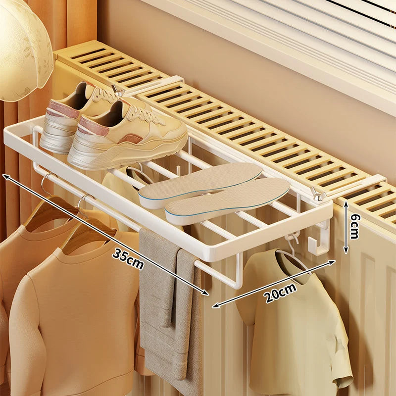 Radiator Drying Rack Foldable Space-Saving Shelf & Hooks