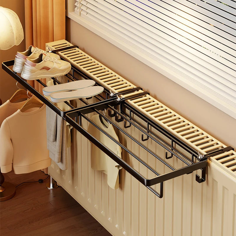 Radiator Drying Rack Foldable Space-Saving Shelf & Hooks