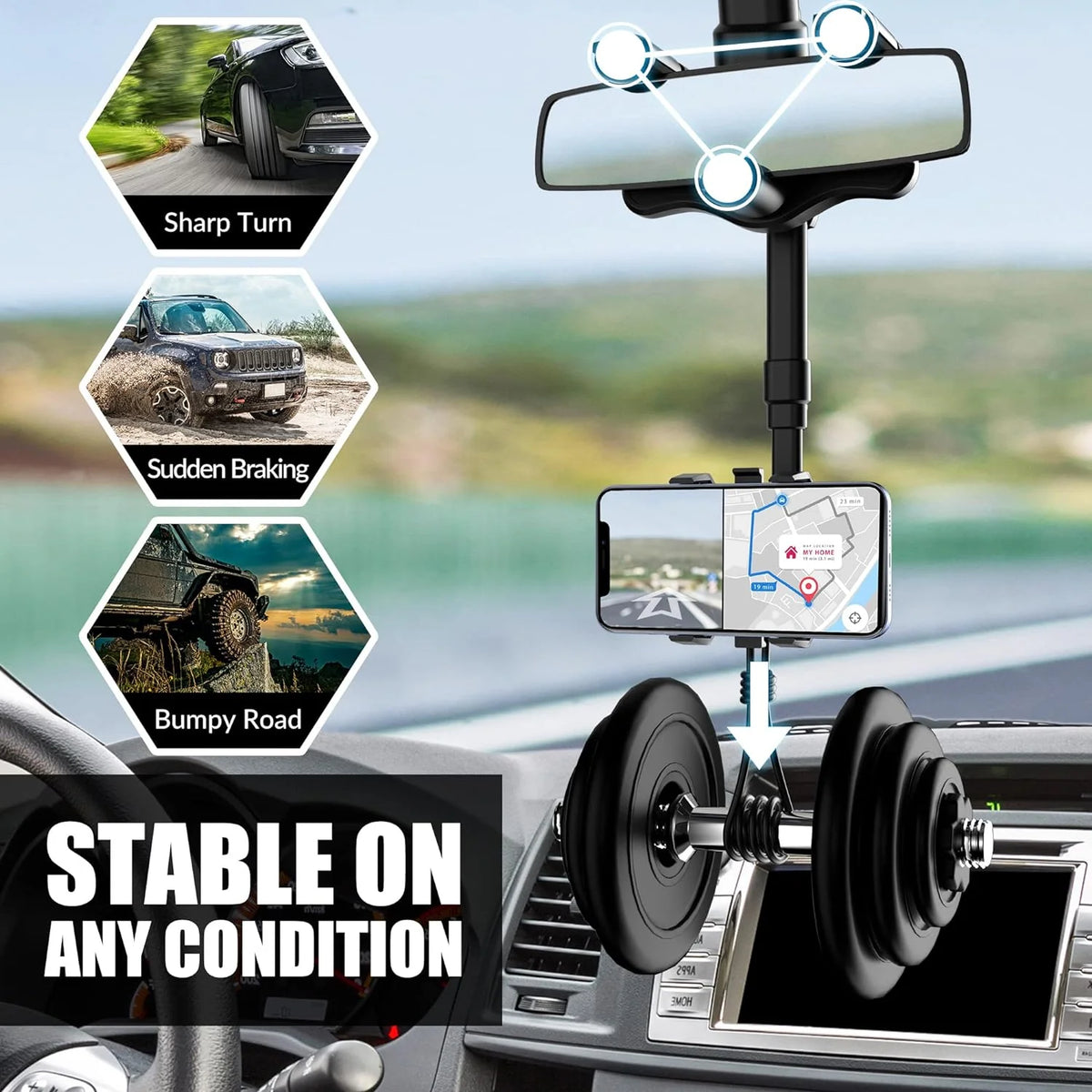 Rearview Mirror Phone Holder 360° Rotation Adjustable Grip