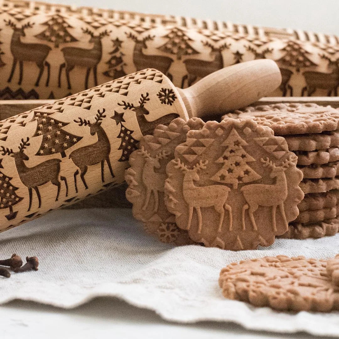 Rolling Pin Solid Maple Deep-Carved Holiday Patterns