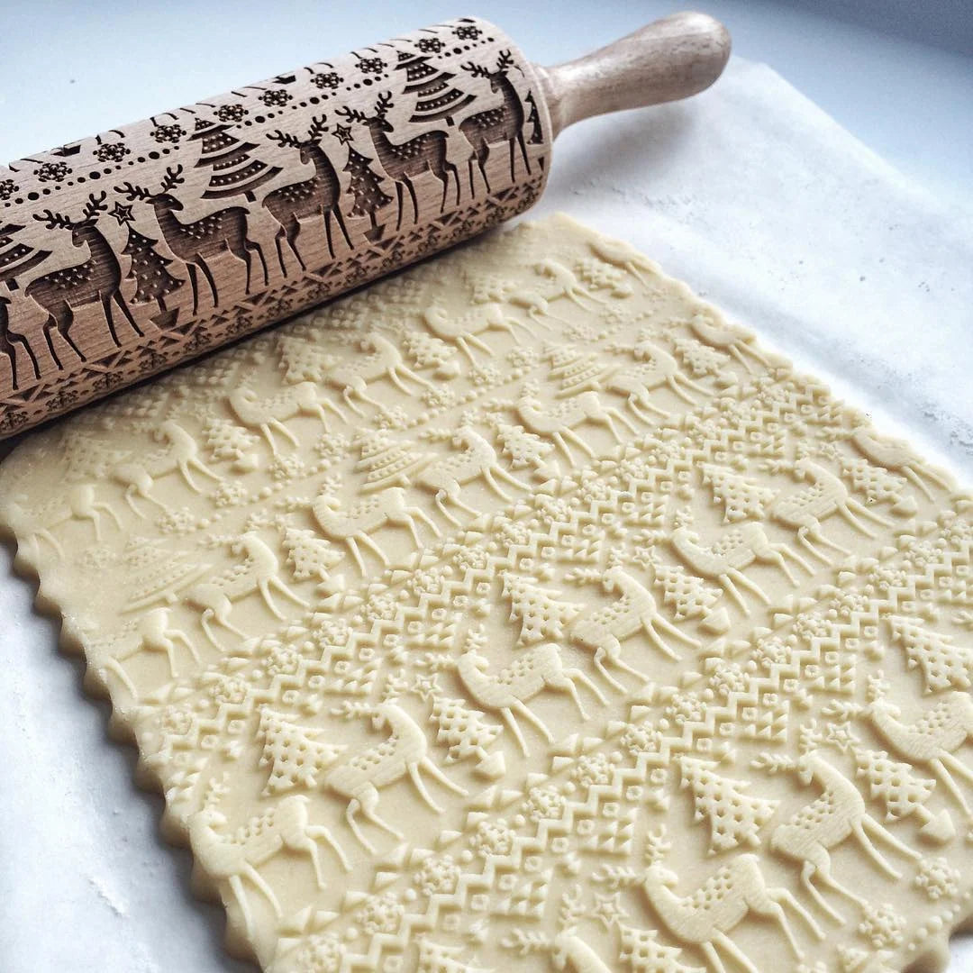 Rolling Pin Solid Maple Deep-Carved Holiday Patterns