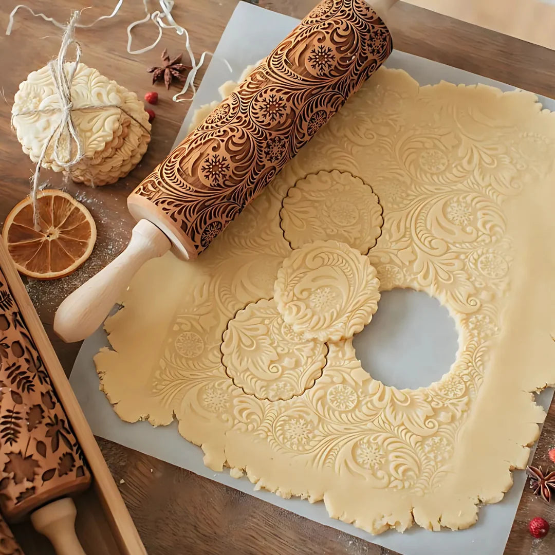 Rolling Pin Solid Maple Deep-Carved Holiday Patterns