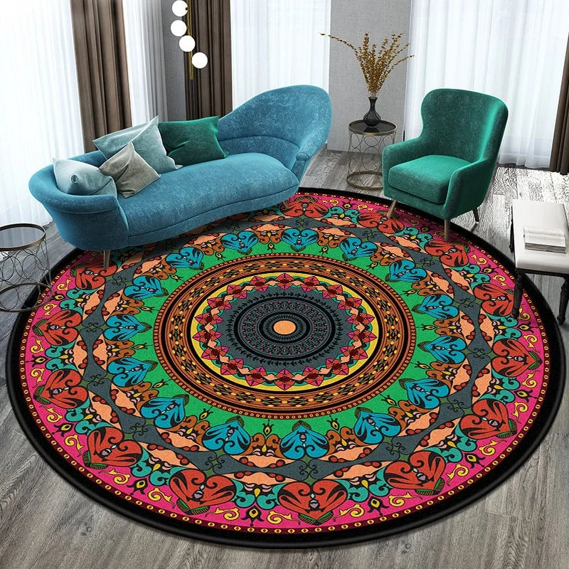 Round Area Rug Geometric Mandala Polyester Low-Pile Woven