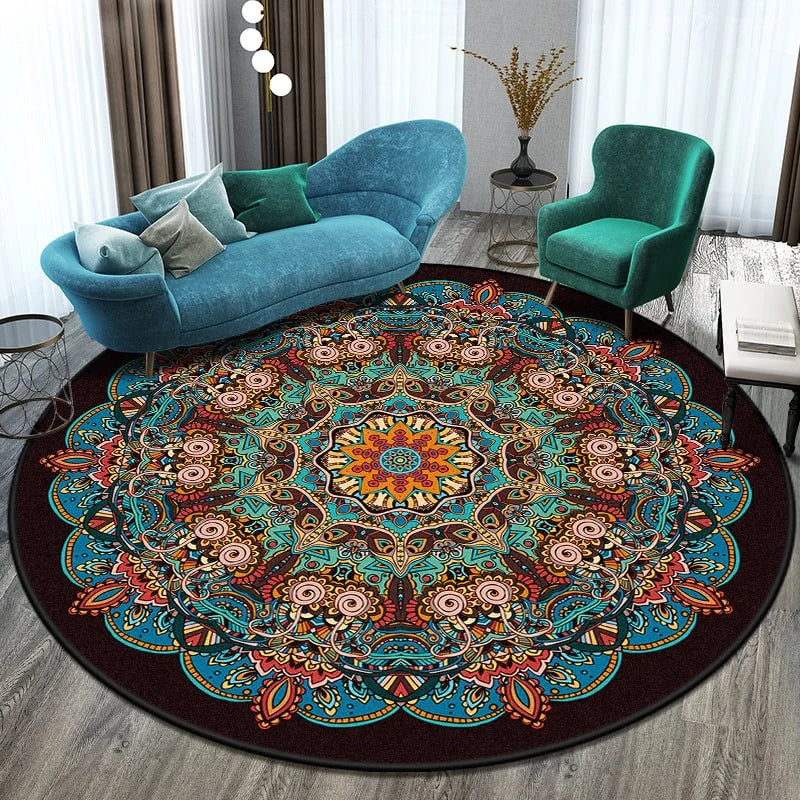Round Area Rug Geometric Mandala Polyester Low-Pile Woven