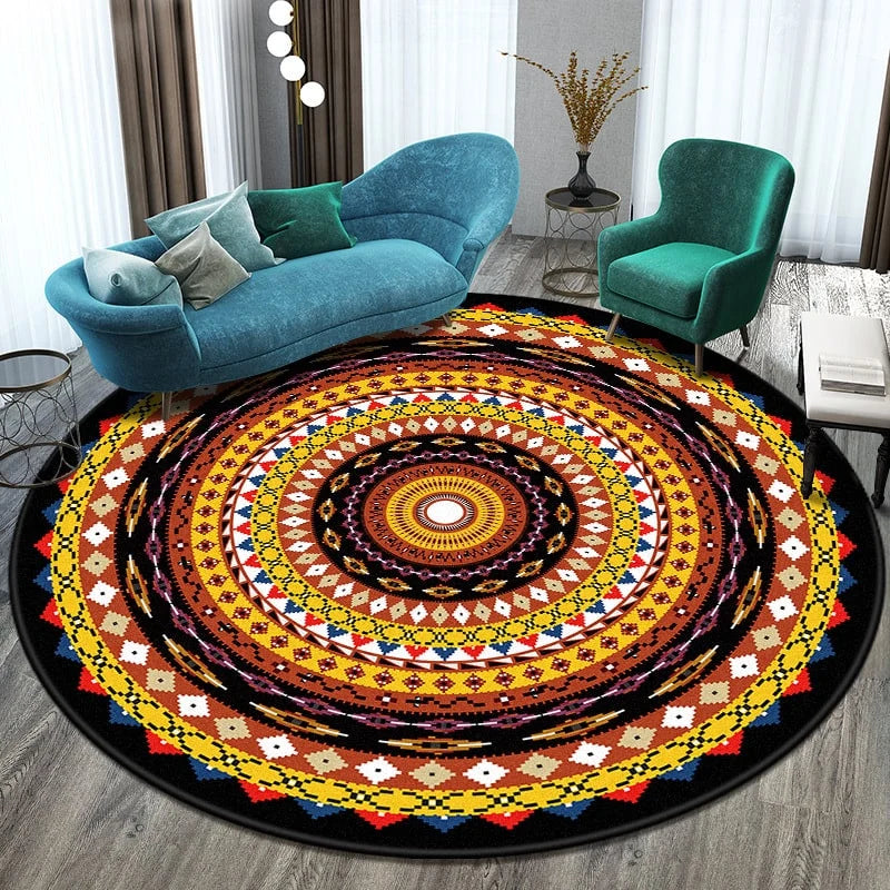 Round Area Rug Geometric Mandala Polyester Low-Pile Woven