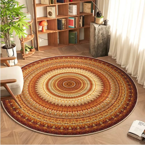 Round Area Rug Geometric Mandala Polyester Low-Pile Woven