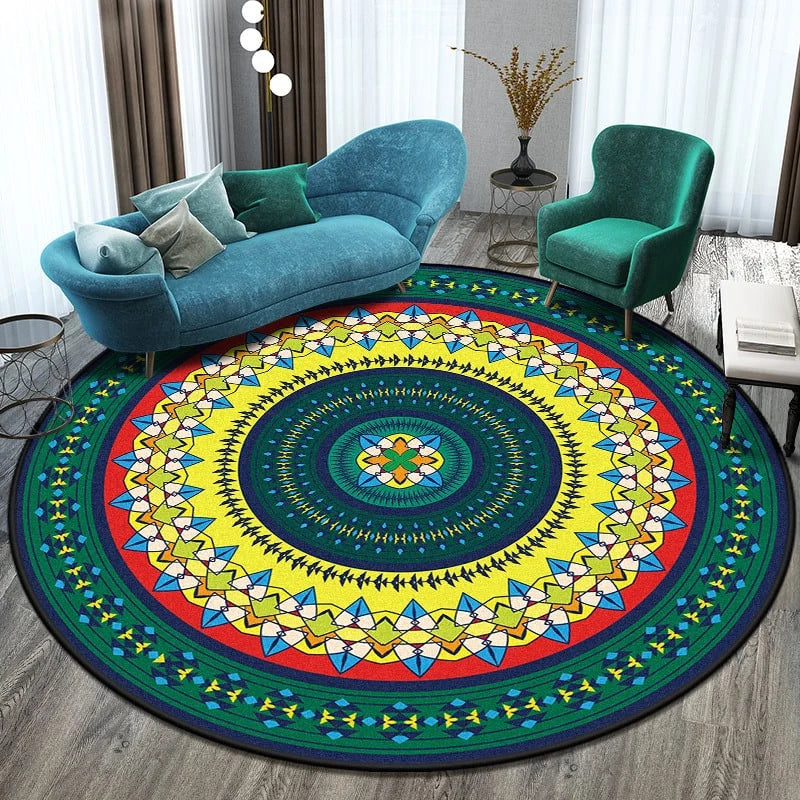 Round Area Rug Geometric Mandala Polyester Low-Pile Woven