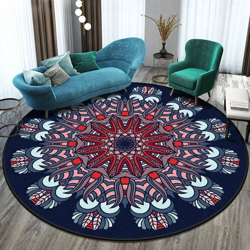 Round Area Rug Geometric Mandala Polyester Low-Pile Woven