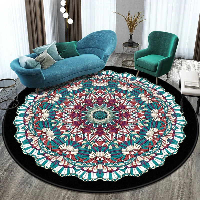 Round Area Rug Geometric Mandala Polyester Low-Pile Woven