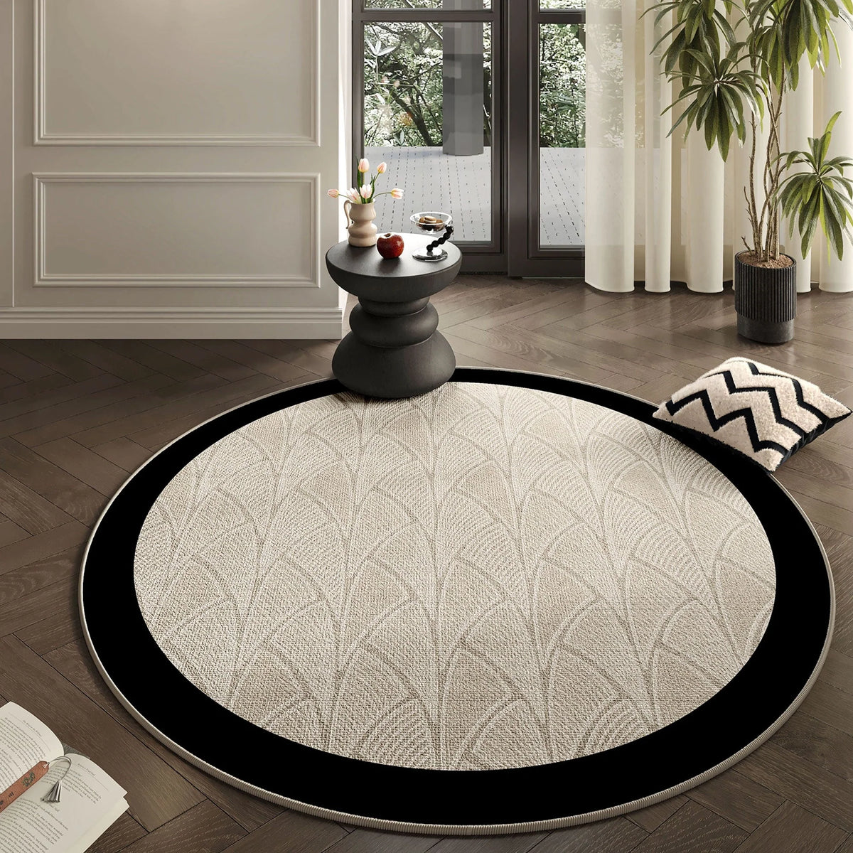 Round Rug Art Deco Fan Pattern Beige & Black Border