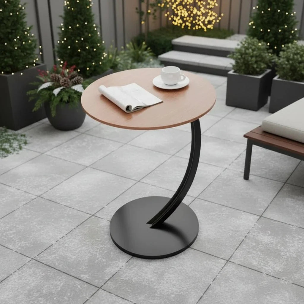 Round Side Table Wood Top Reinforced Steel Frame Compact Design