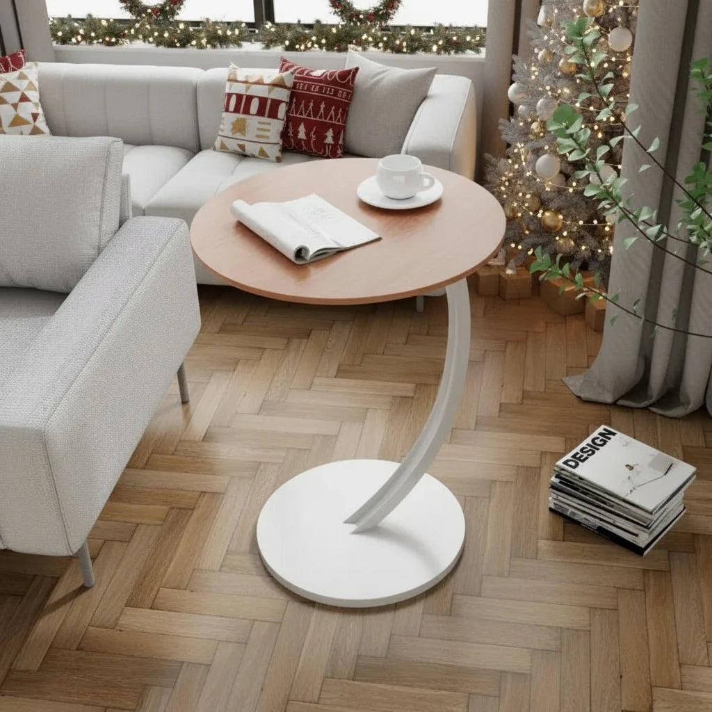 Round Side Table Wood Top Reinforced Steel Frame Compact Design