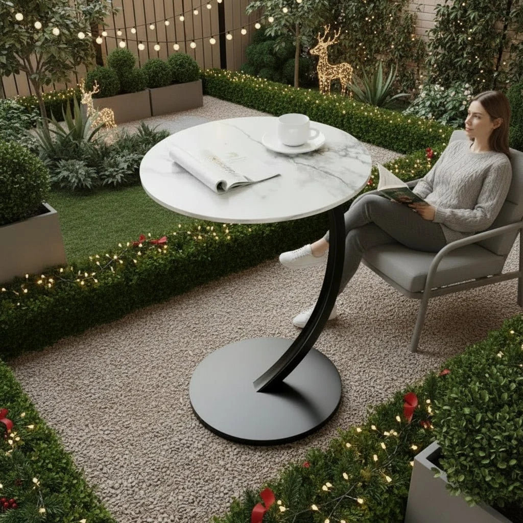 Round Side Table Wood Top Reinforced Steel Frame Compact Design