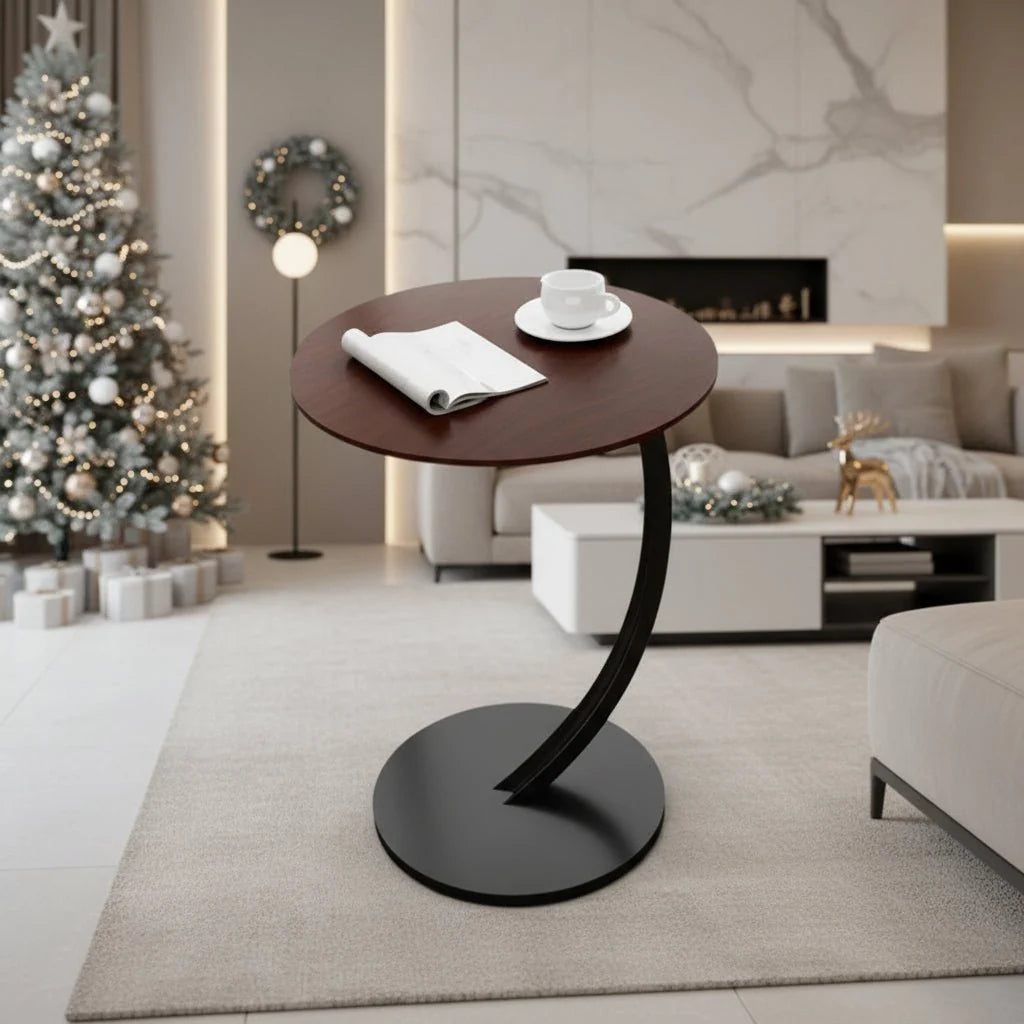 Round Side Table Wood Top Reinforced Steel Frame Compact Design