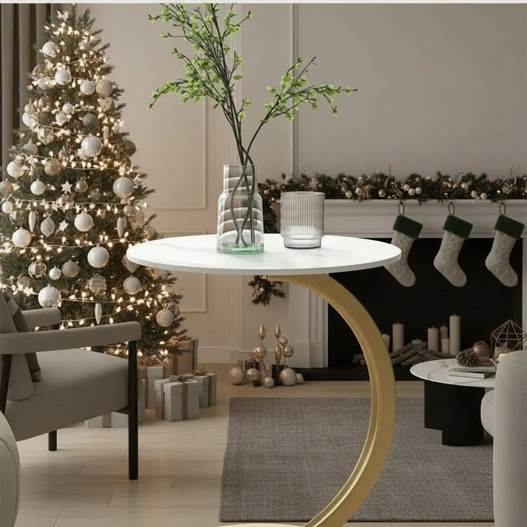 Round Side Table Wood Top Reinforced Steel Frame Compact Design