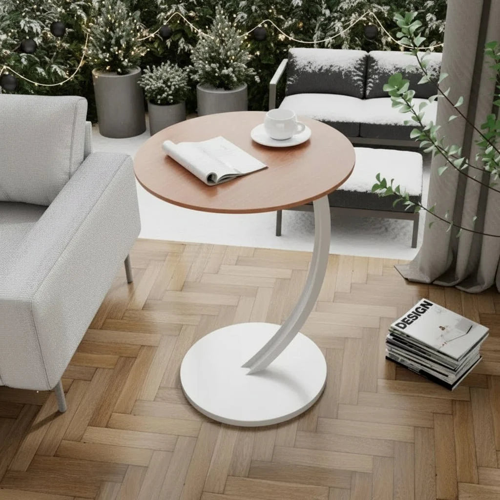 Round Side Table Wood Top Reinforced Steel Frame Compact Design