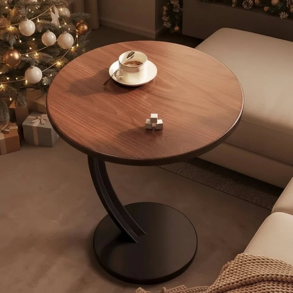 Round Side Table Wood Top Reinforced Steel Frame Compact Design