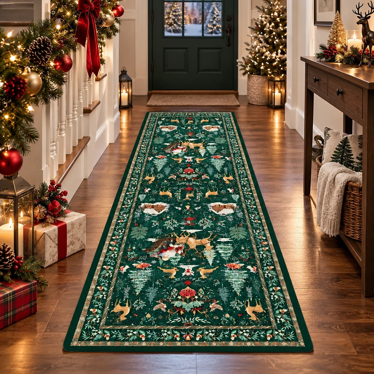 Runner Rug Fir & Snowflake Print Non-Slip Backing