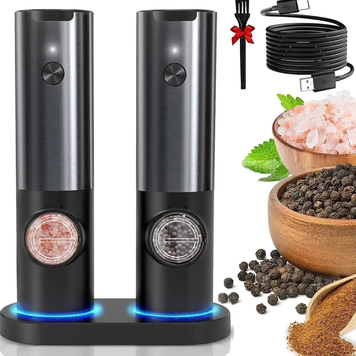 Salt And Pepper Grinder Set Electric USB-C Rechargeable Five Settings