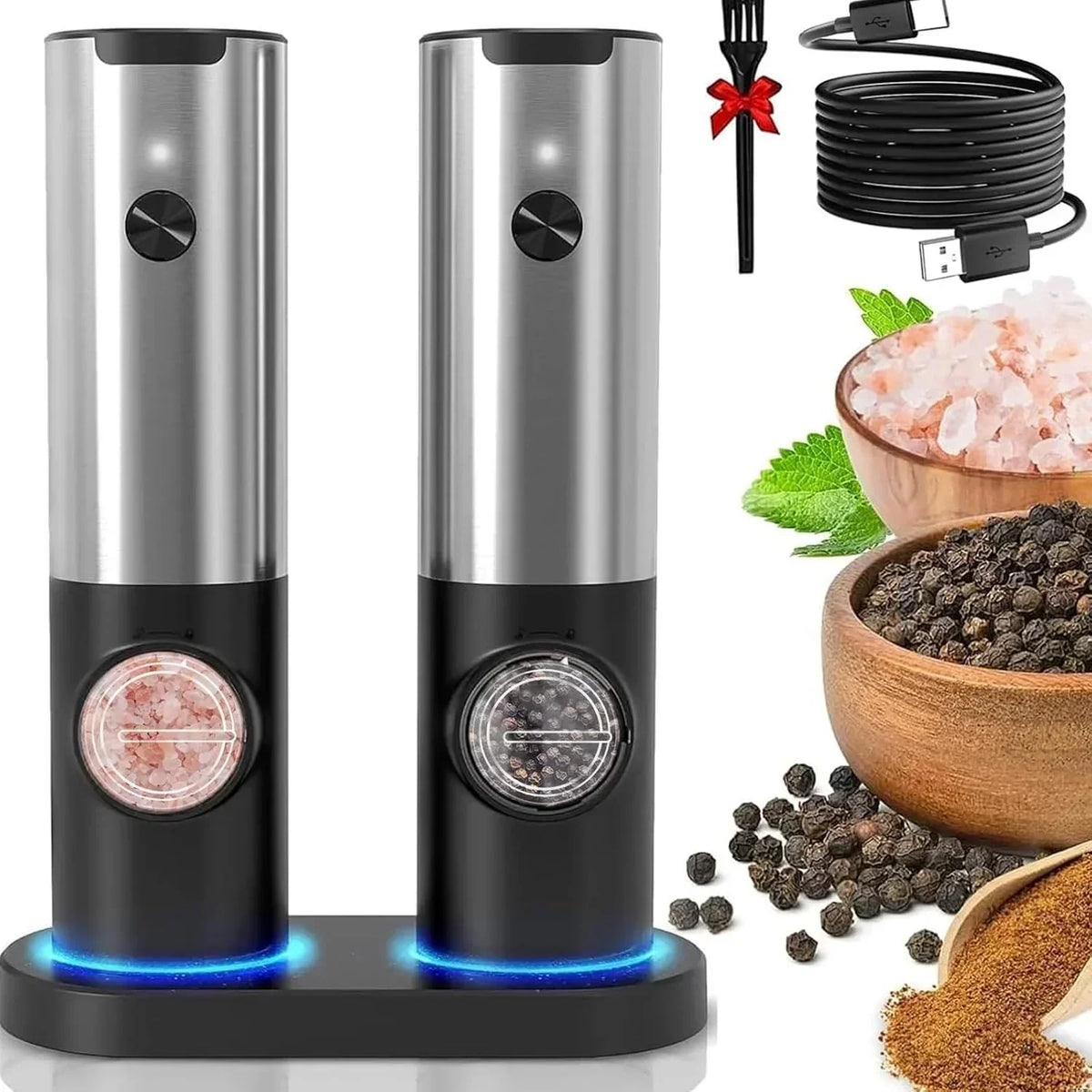 Salt And Pepper Grinder Set Electric USB-C Rechargeable Five Settings