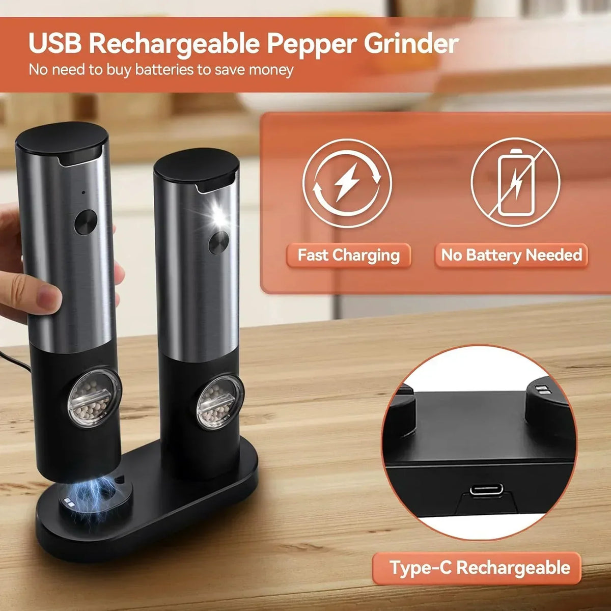 Salt And Pepper Grinder Set Electric USB-C Rechargeable Five Settings