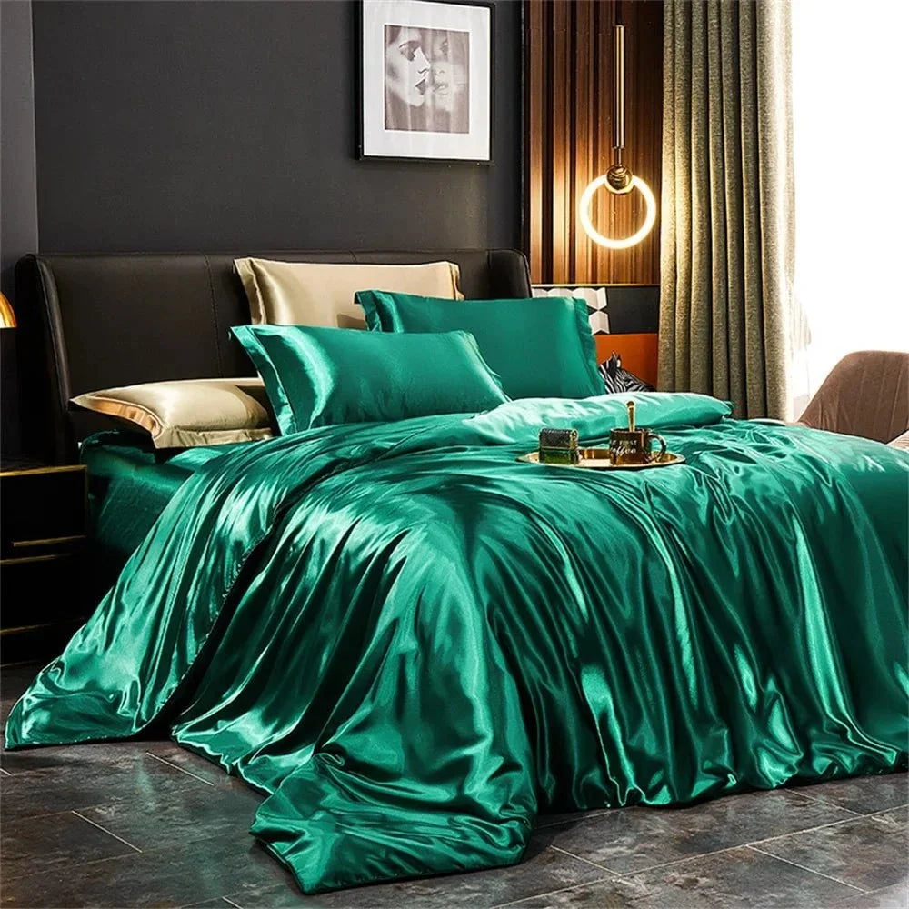 Satin Bedding Set Glossy Smooth Duvet Cover Pillowcases & Flat Sheet