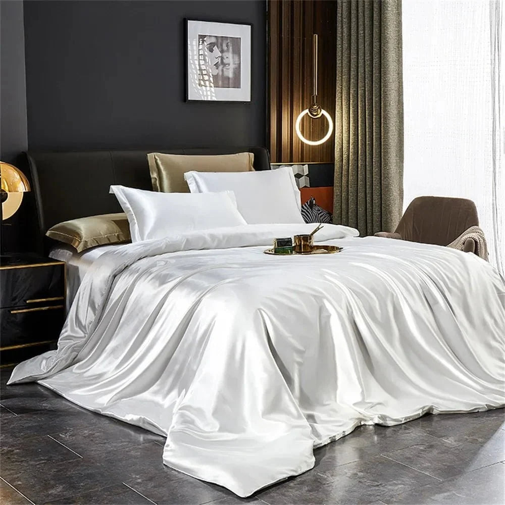 Satin Bedding Set Glossy Smooth Duvet Cover Pillowcases & Flat Sheet