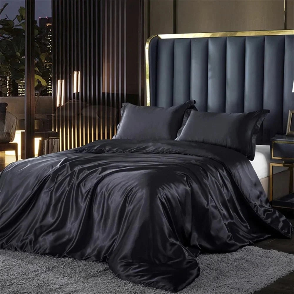 Satin Bedding Set Glossy Smooth Duvet Cover Pillowcases & Flat Sheet