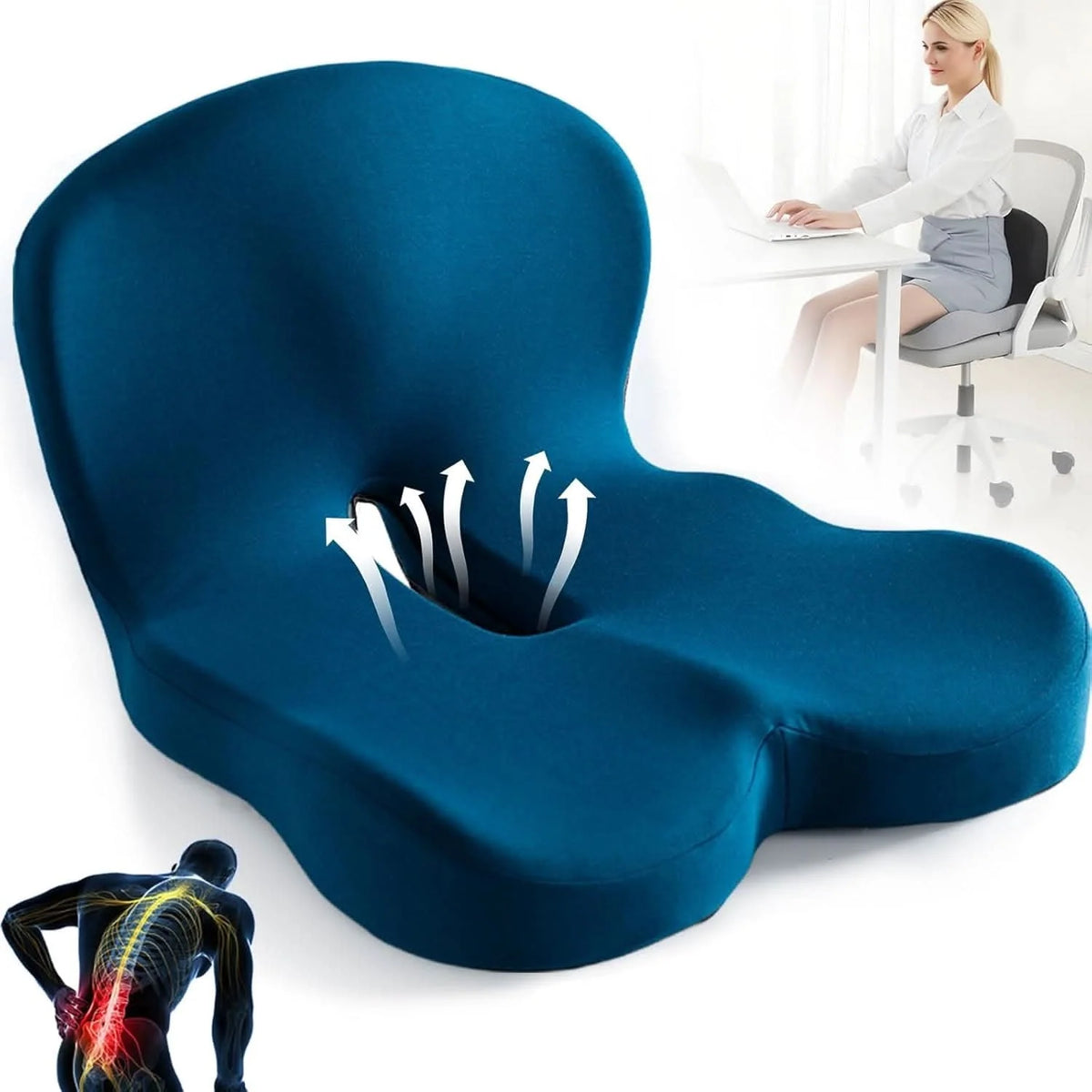 Seat Cushion Contoured Memory Foam Lumbar Support Non-Slip Base