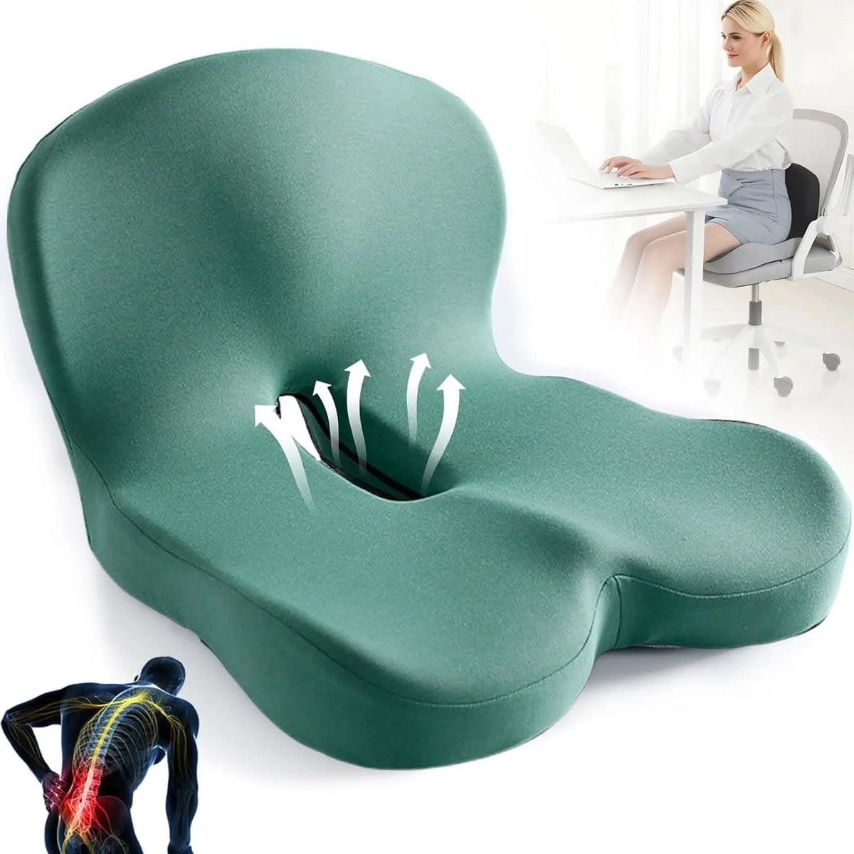 Seat Cushion Contoured Memory Foam Lumbar Support Non-Slip Base