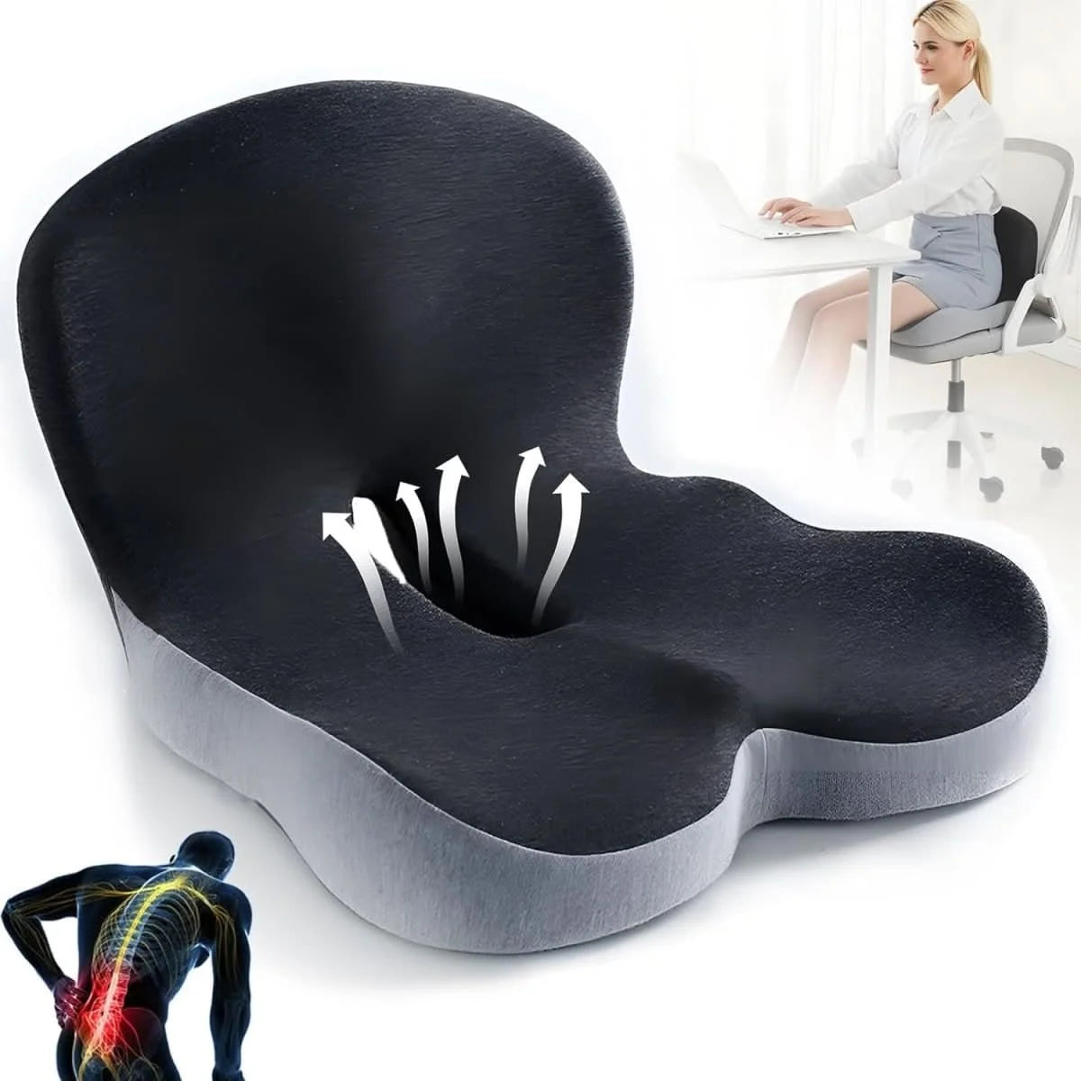 Seat Cushion Contoured Memory Foam Lumbar Support Non-Slip Base