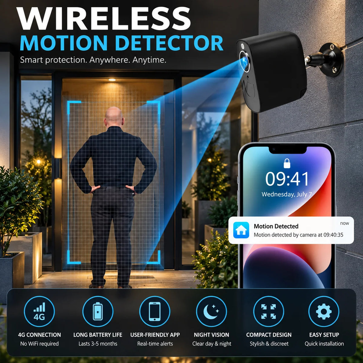 Security Camera 4G LTE Battery Powered Infrared Night Vision IP66 Outdoor Rated