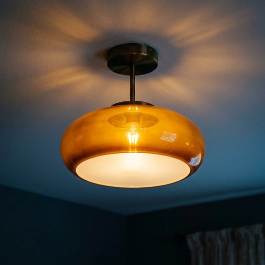 Semi-Flush Ceiling Light Amber Glass Brass Or Copper Finish