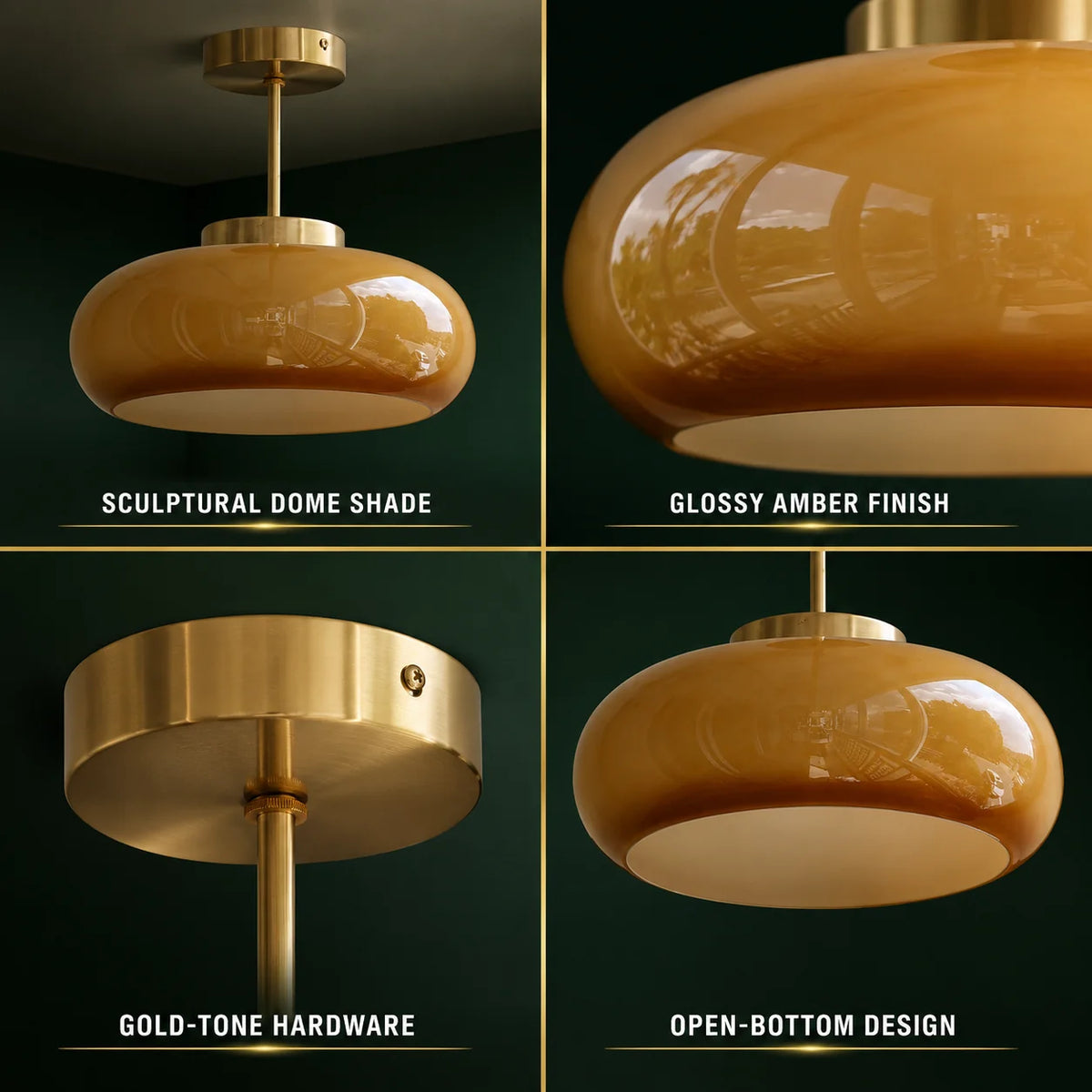 Semi-Flush Ceiling Light Amber Glass Brass Or Copper Finish