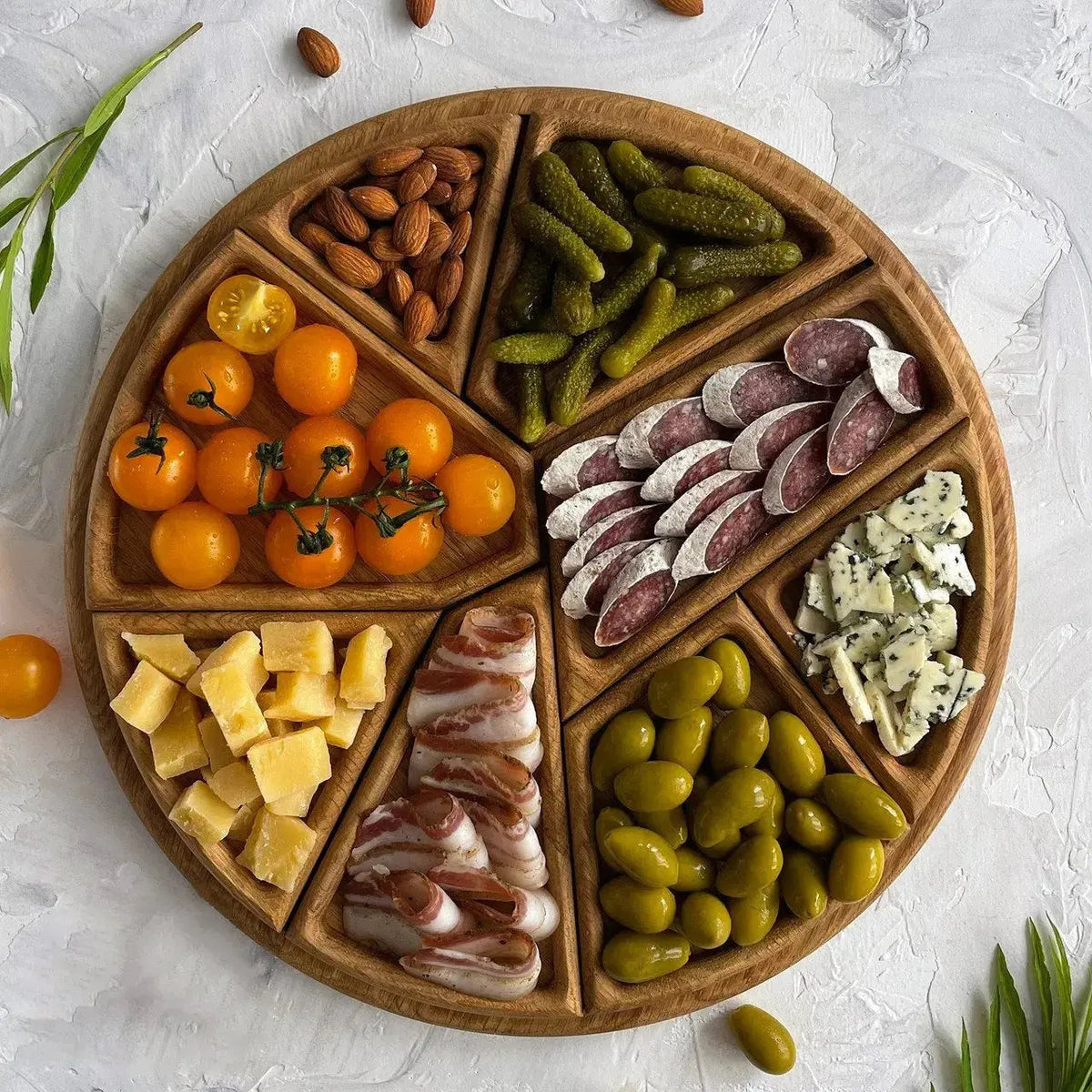 Serving Tray Set Round Wood Food-Safe 8 Removable Compartments