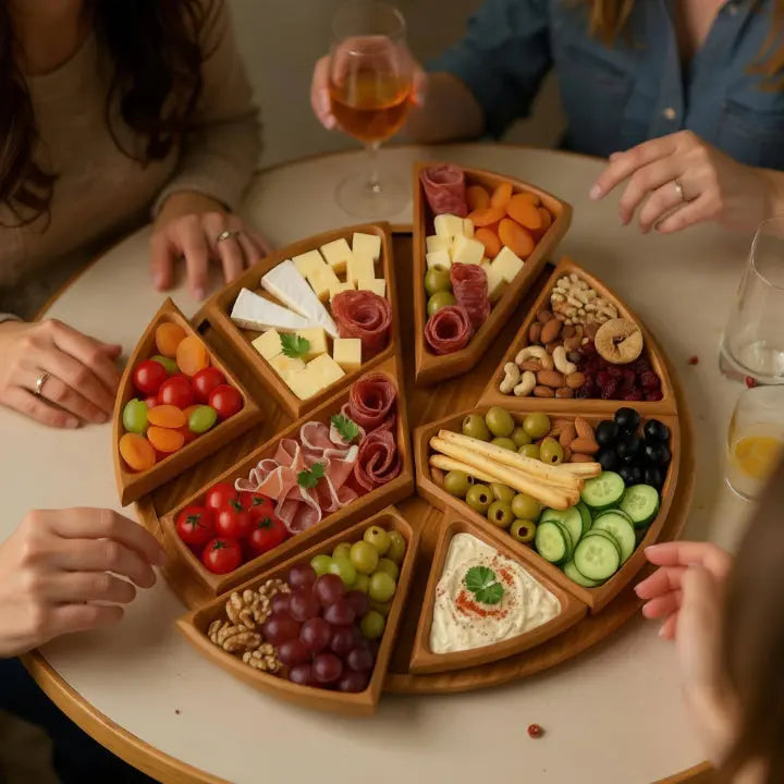 Serving Tray Set Round Wood Food-Safe 8 Removable Compartments