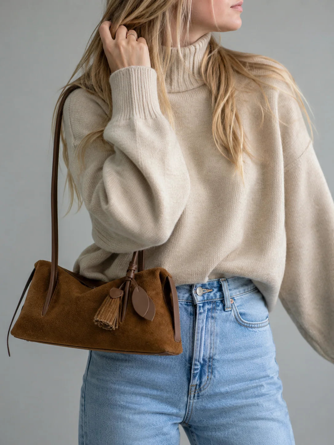 Shoulder Bag Genuine Leather & Suede Pillow Shape