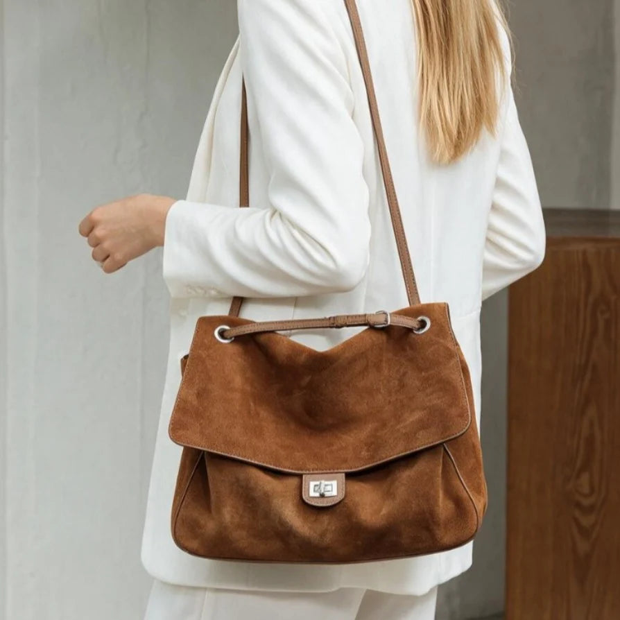 Shoulder Tote Bag Suede Adjustable Strap Turn-Lock Closure