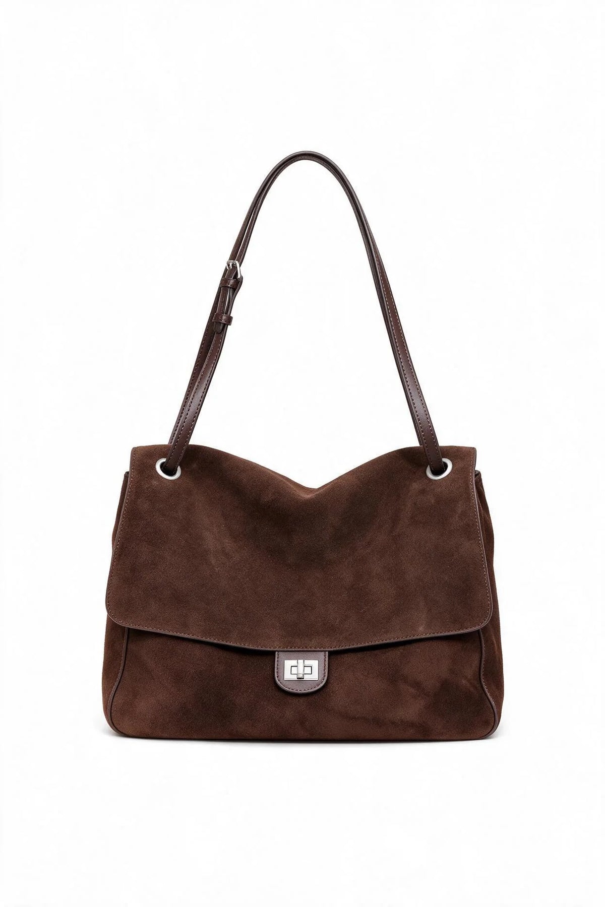 Shoulder Tote Bag Suede Adjustable Strap Turn-Lock Closure
