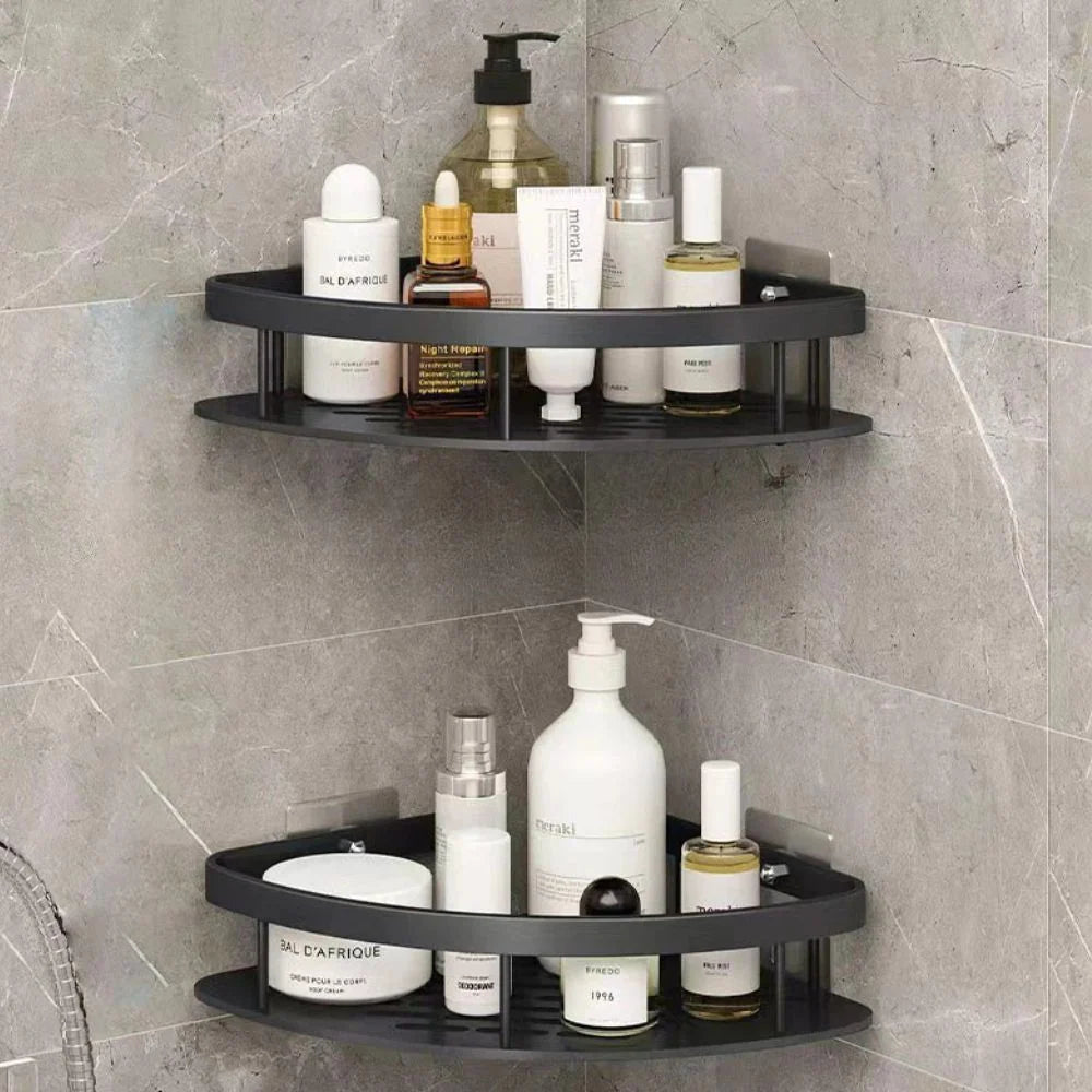 Shower Corner Shelf Aluminum Adhesive Mount Open Drainage Design