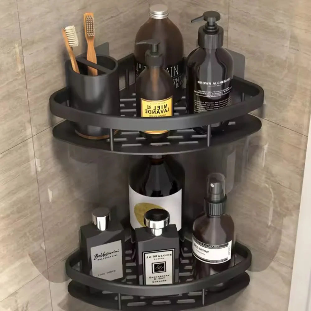 Shower Corner Shelf Aluminum Adhesive Mount Open Drainage Design