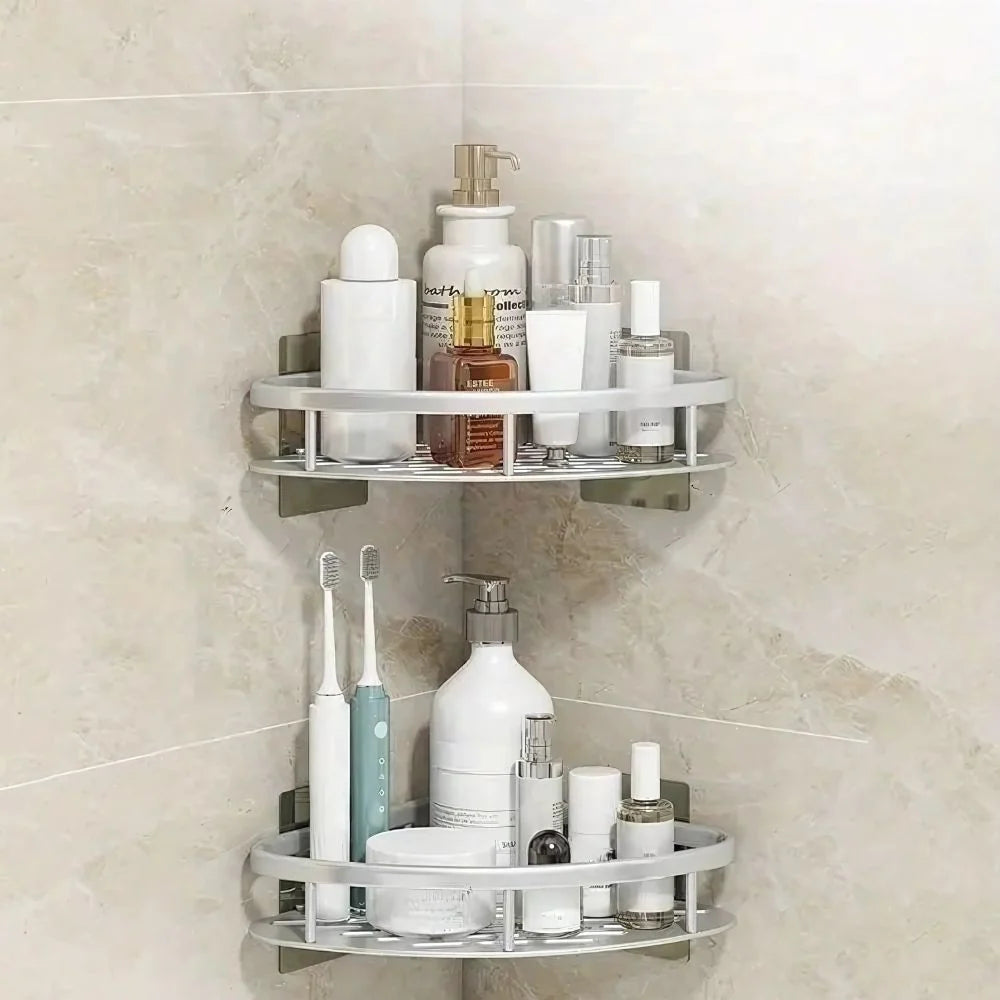 Shower Corner Shelf Aluminum Adhesive Mount Open Drainage Design