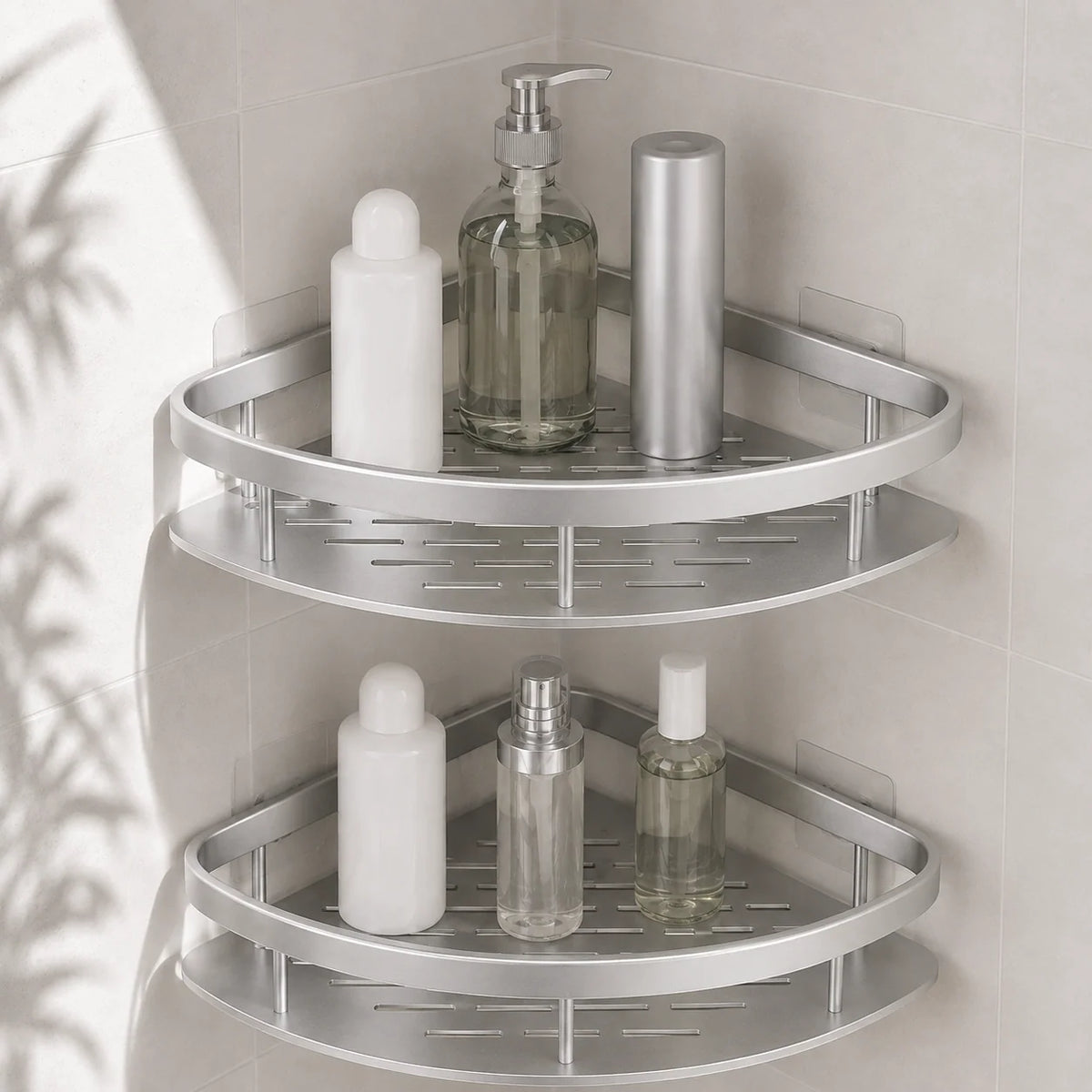 Shower Corner Shelf Aluminum Adhesive Mount Open Drainage Design