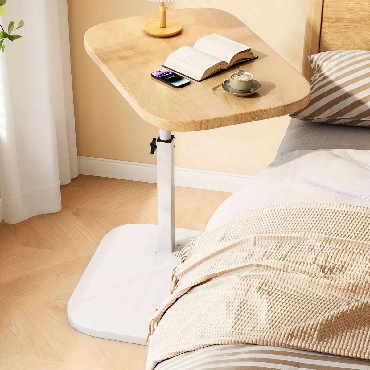 Side Table Adjustable Height Wooden Top Metal Frame