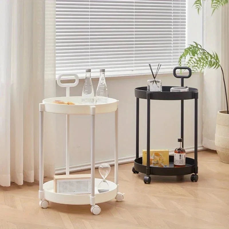 Side Table Two-Tier Storage Rolling Casters & Handle