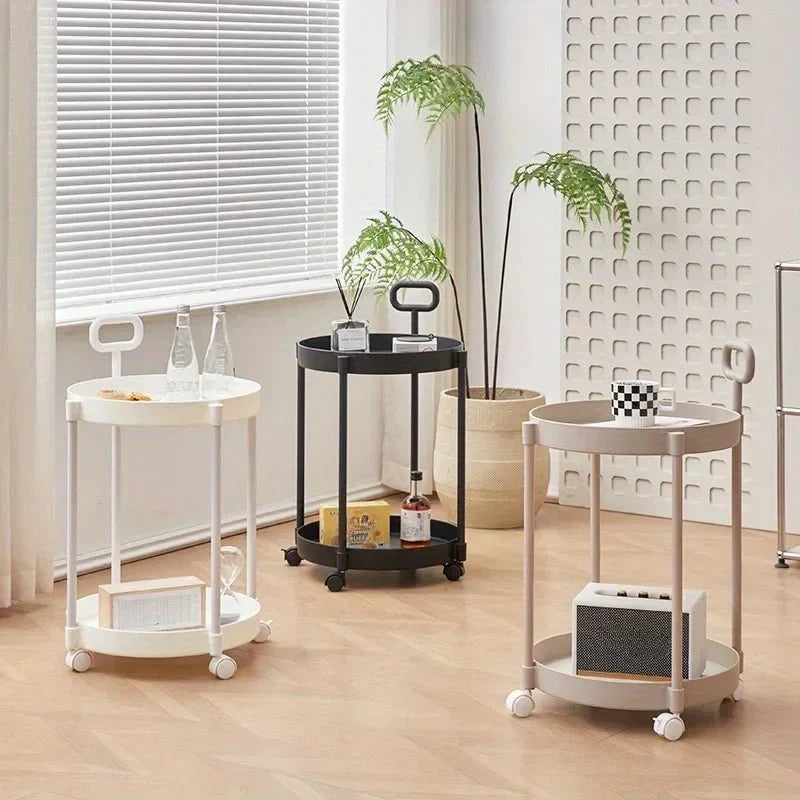 Side Table Two-Tier Storage Rolling Casters & Handle