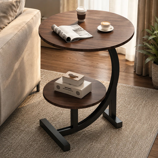Side Table Two-Tier Wood-Finish Top & Stainless Steel Frame