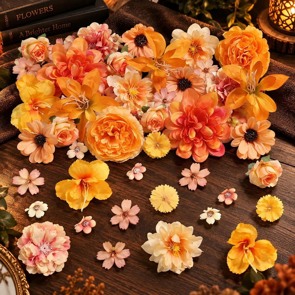 Silk Flower Heads Autumn Orange Reusable Set of 48
