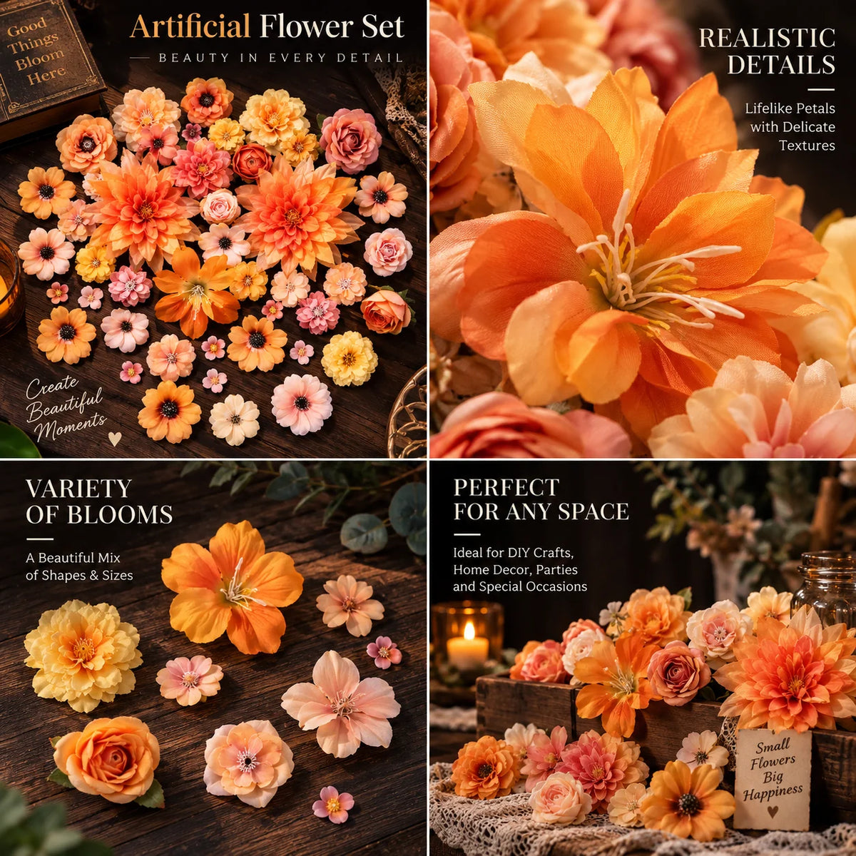 Silk Flower Heads Autumn Orange Reusable Set of 48
