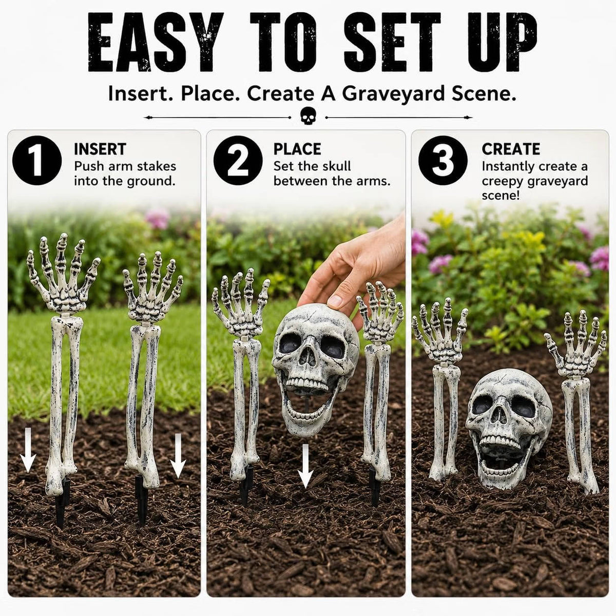 Skeleton Yard Decor 3-Piece Skull & Arm Stakes